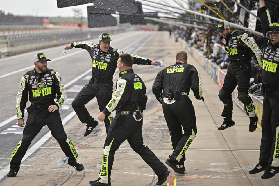 Members of William Byron’s crew celebrate his win after a NASCAR Cup Series auto race on Sunday, March 24, 2024, at Circuit of the Americas in Austin, Texas. (AP Photo/Darren Abate)