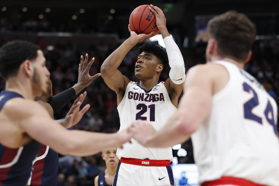 FILE - In this March 21, 2019, file photo, Gonzaga forward Rui Hachimura (21) shoots against Fairleigh Dickinson during a first round men's college basketball game in the NCAA Tournament, in Salt Lake City. Hachimura is one of the top forwards in the NBA Draft on Thursday, June 20. (AP Photo/Jeff Swinger, File)