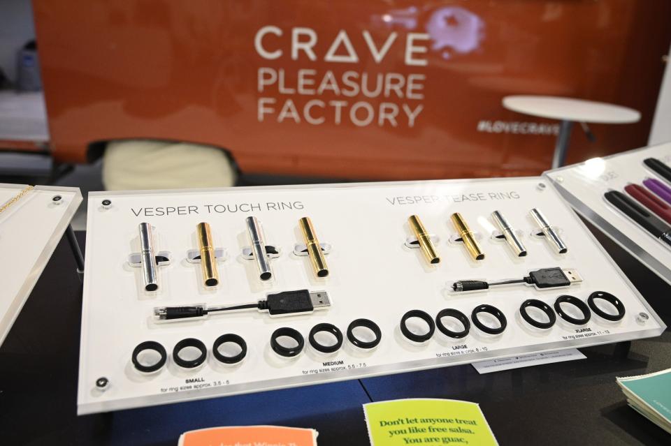 Crave displays vibrators that double as jewelry at the 2020 Consumer Electronics Show (CES) in Las Vegas, Nevada, January 7, 2020. - For the first time sex tech is making an appearance at CES in the health and wellness section of the giant electronics and gadget fair. (Photo by Robyn Beck / AFP) (Photo by ROBYN BECK/AFP via Getty Images)