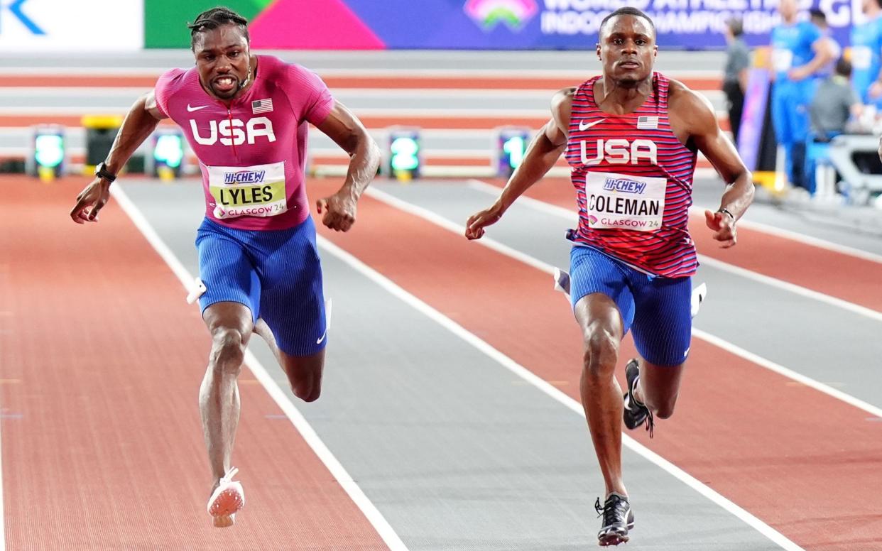 Christian Coleman (right) wins gold in the 60m final with Noah Lyles (left) taking silver at the World Indoor Athletics Championships at the Emirates Arena, Glasgow