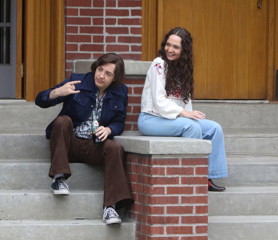 <p>Michael Gandolfini and Alexandra Intrator are seen on the set of The Many Saints of Newark on May 31, 2019 in New York City.</p>