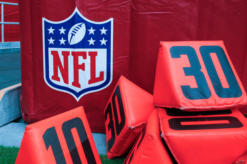 GLENDALE, AZ - SEPTEMBER 08:  The NFL logo and yard markers before the NFL football game between the Detroit Lions and the Arizona Cardinals on September 8, 2019 at State Farm Stadium in Glendale, Arizona. (Photo by Kevin Abele/Icon Sportswire via Getty Images)