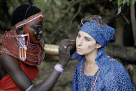 “I made very good friends with a woman of the tribe,” Streisand commented about her experience filming in Kenya. “We didn’t speak the same language obviously, but she understood what I was trying to say to her…[It] shows you that there’s something beyond words—some soul connection between certain people that just exists or it doesn’t exist.” Here, her new friend, Outoula (second wife of the chief), paints the tribe’s sacred insignia on Streisand’s cheek to protect against evil influence. ©2014 Steve Schapiro/Courtesy TASCHEN