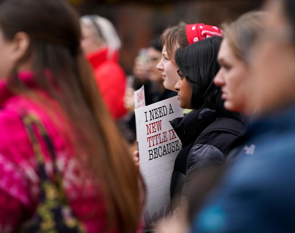 Students and advocates rally to call for the Biden administration to release a final Title IX rule in Washington, DC on Tuesday, Dec. 5, 2023.