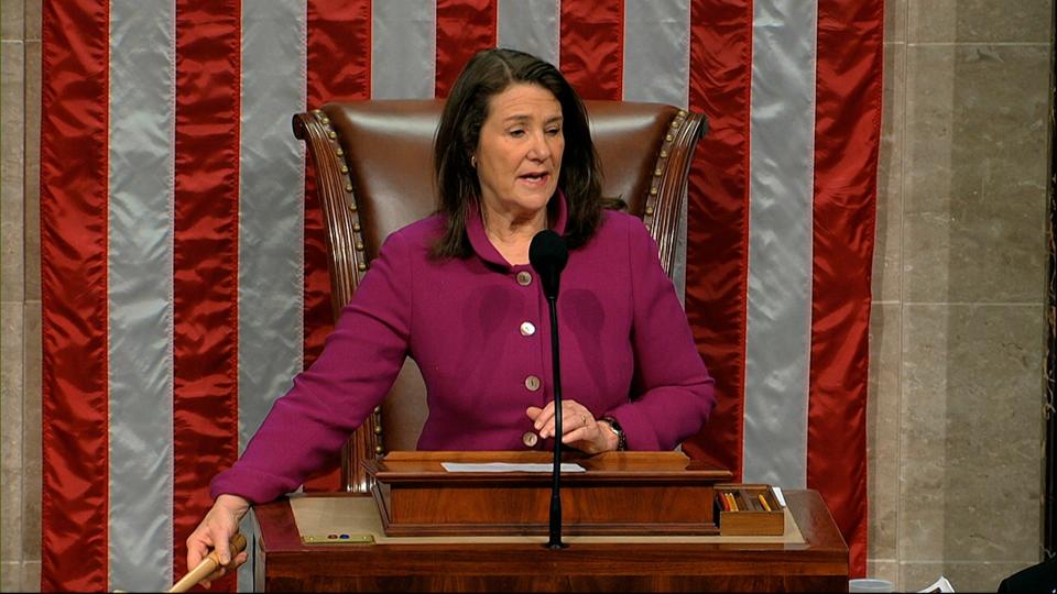 Rep. Diana DeGette, D-Colo., the Speaker Pro Tempore, presides as the House of Representatives begins the day for debates the articles of impeachment against President Donald Trump at the Capitol in Washington, Dec. 18, 2019.