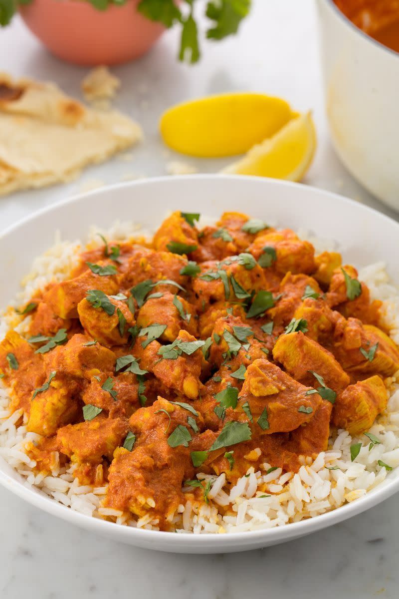 <p>Making Indian at home doesn't have to be intimidating—this recipe comes together in under an hour! We suggest pairing it with rice or naan. Check out our easy guide for how to cook rice and make yourself a perfect fluffy bowl of the good stuff.</p><p>Get the <a href="https://www.delish.com/uk/cooking/recipes/a28886245/easy-indian-chicken-curry-recipe/" rel="nofollow noopener" target="_blank" data-ylk="slk:Chicken Curry;elm:context_link;itc:0;sec:content-canvas" class="link ">Chicken Curry</a> recipe.</p>