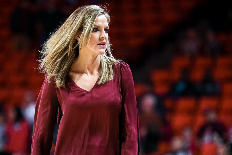 Oklahoma head coach Jennie Baranczyk stands on the sidelines in the third quarter during a women’s college basketball game between the Oklahoma Sooners (OU) and the Baylor Lady Bears at Lloyd Noble Center in Norman, Okla., Tuesday, Jan. 3, 2023.