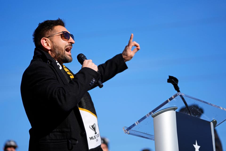 Dec 12, 2023; Columbus, OH, USA; Columbus Crew president Tim Bezbatchenko speaks to fans as they celebrate their 2023 MLS Cup victory at Chase Plaza outside Lower.com Field.
