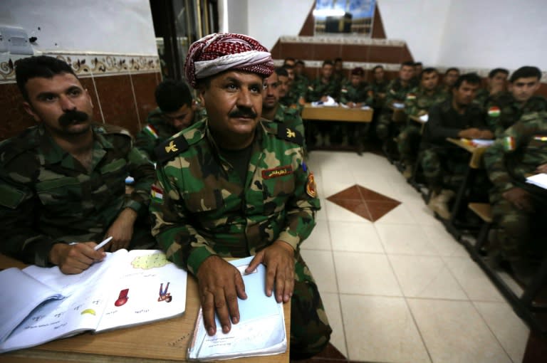 Iraqi Kurdish peshmerga fighters attend a class at a school in the northern Iraqi village of Bahra, on June 16, 2015