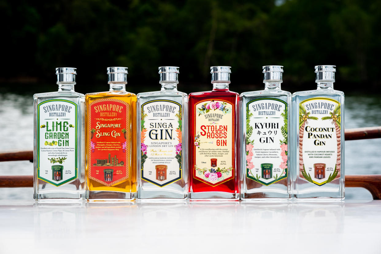 Singapore Distillery's six new craft gins.