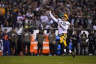 Green Bay Packers quarterback Aaron Rodgers throws during the first half of an NFL football game against the Philadelphia Eagles, Sunday, Nov. 27, 2022, in Philadelphia. (AP Photo/Matt Rourke)