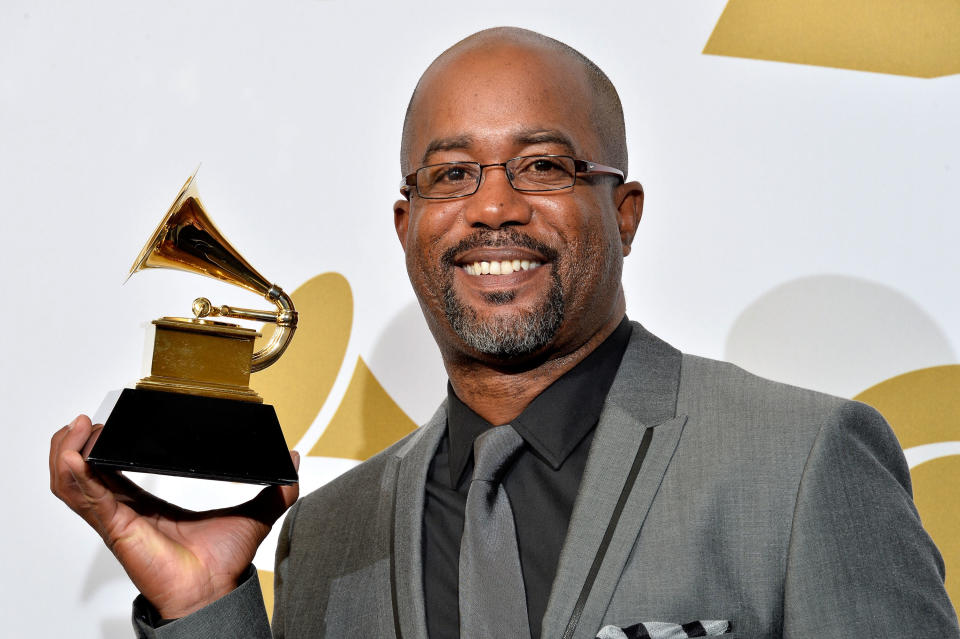 LOS ANGELES, CA - JANUARY 26: Singer Darius Rucker, winner of Best Country Solo Performance for 'Wagon Wheel,' poses in the press room during the 56th GRAMMY Awards at Staples Center on January 26, 2014 in Los Angeles, California. (Photo by Frazer Harrison/Getty Images)