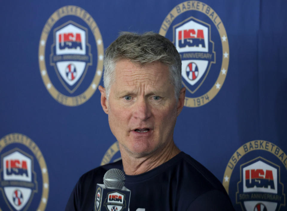 LAS VEGAS, NEVADA - JULY 07: Head coach Steve Kerr of the 2024 USA Basketball Men's National Team talks to members of the media after a practice session during the team's training camp at the Mendenhall Center at UNLV on July 07, 2024 in Las Vegas, Nevada. (Photo by Ethan Miller/Getty Images)