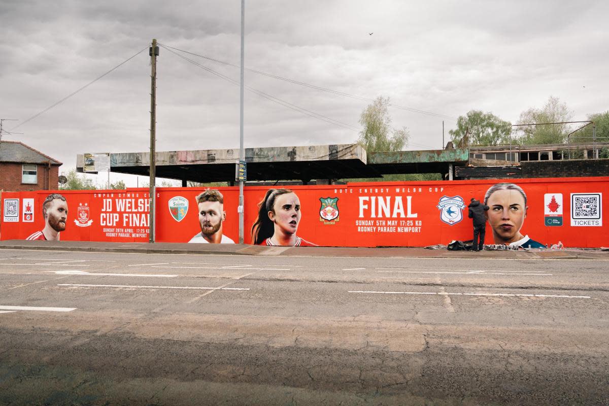 The mural, near the Royal Gwent Hospital, highlights the cup finals that will take place in the city <i>(Image: Rebel Lion)</i>