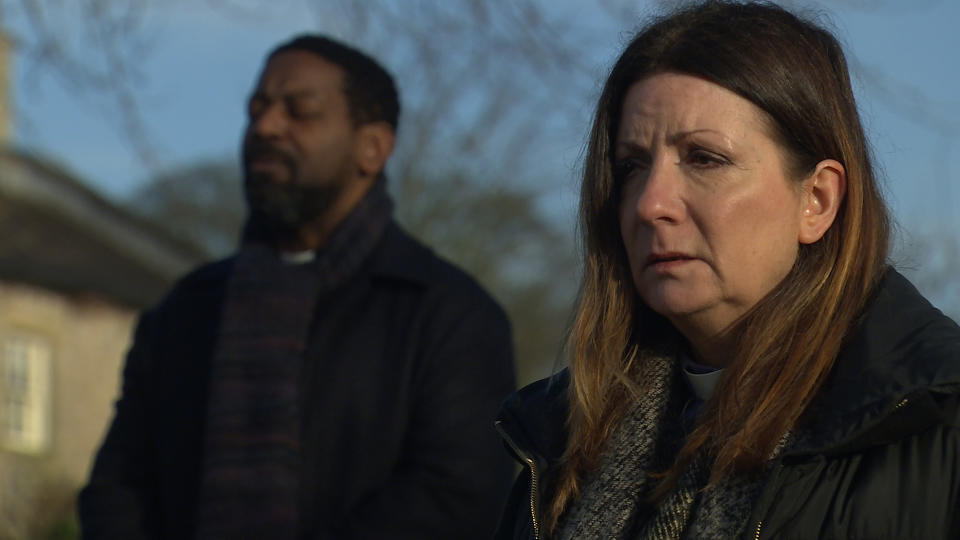 FROM ITV

STRICT EMBARGO 
Print media - No Use Before Tuesday 2nd March 2021
Online Media - No Use Before 0700hrs  Tuesday 2nd March 2021

Emmerdale - Ep 8993

Friday 12th March 2021

As Charles Charles [KEVIN MATHURIN] leads them in a prayer for Richard, the man being exhumed, Harriet Finch [KATHERINE DOW-BLYTON] is restless, wanting to be left alone.  When one of the foremen is startled by something unusual at the digging site, she freezes with fear... 

Picture contact David.crook@itv.com 

This photograph is (C) ITV Plc and can only be reproduced for editorial purposes directly in connection with the programme or event mentioned above, or ITV plc. Once made available by ITV plc Picture Desk, this photograph can be reproduced once only up until the transmission [TX] date and no reproduction fee will be charged. Any subsequent usage may incur a fee. This photograph must not be manipulated [excluding basic cropping] in a manner which alters the visual appearance of the person photographed deemed detrimental or inappropriate by ITV plc Picture Desk. This photograph must not be syndicated to any other company, publication or website, or permanently archived, without the express written permission of ITV Picture Desk. Full Terms and conditions are available on  www.itv.com/presscentre/itvpictures/terms