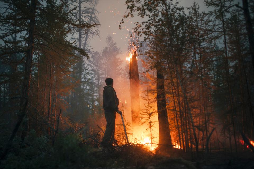 A member of volunteers crew monitors a backfire they lit to stop the fire from spreading at Gorny Ulus area west of Yakutsk, Russia, Thursday, July 22, 2021. The hardest hit area is the Sakha Republic, also known as Yakutia, in the far northeast of Russia, about 5,000 kilometers (3,200 miles) from Moscow. About 85% of all of Russia's fires are in the republic, and heavy smoke forced a temporary closure of the airport in the regional capital of Yakutsk, a city of about 280,000 people. (AP Photo/Ivan Nikiforov)