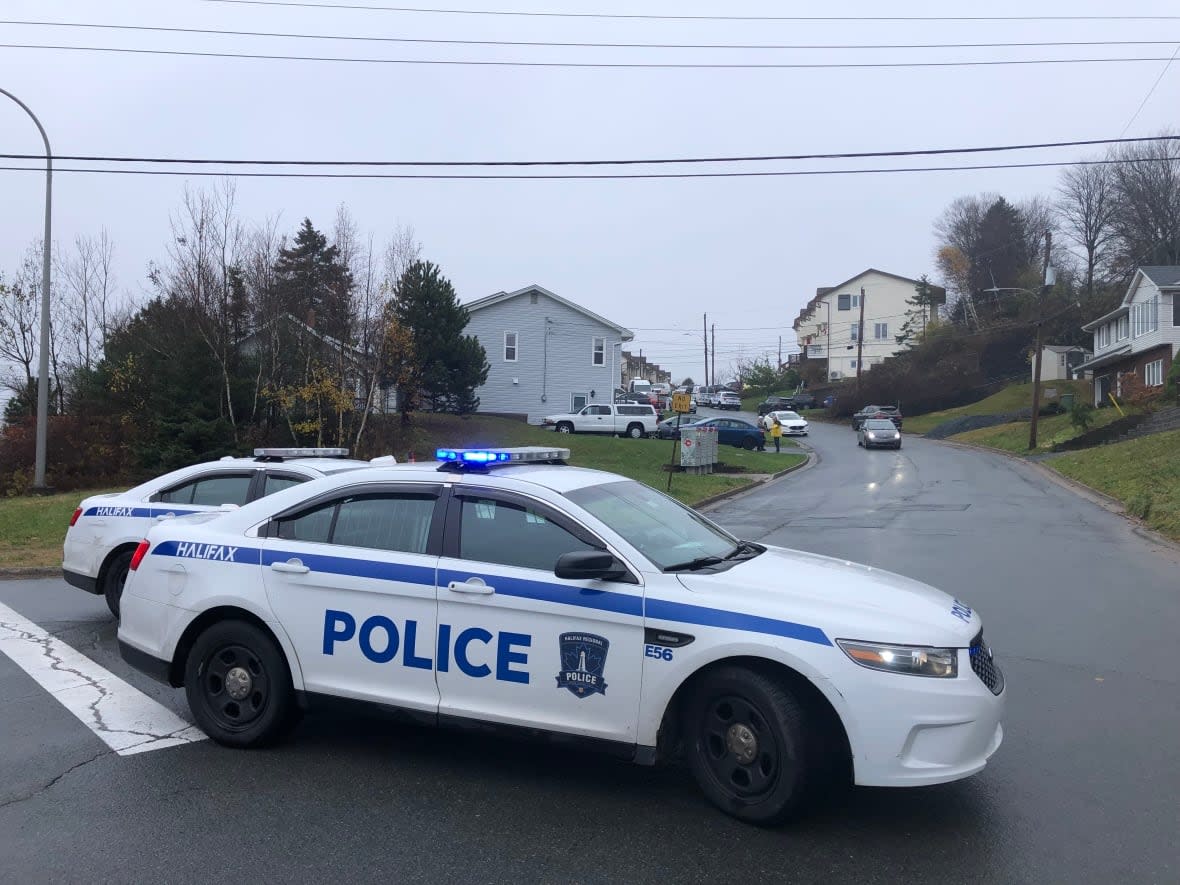 Police cars are seen blocking the entrance to Braeside Court in Dartmouth early Saturday. (Jean Laroche/CBC - image credit)