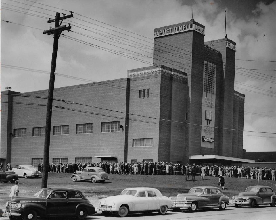 Akron Baptist Temple looms over Manchester Road in April 1949.