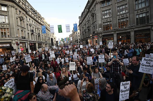Protesters in Oxford Circus during a rally calling for justice for those affected by the Grenfell Tower fire in London. Picture: Carl Court/Getty Images