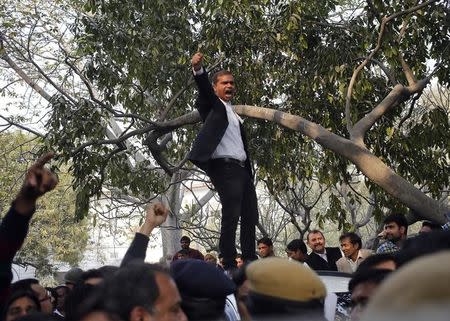 A lawyer shouts slogans during a protest outside the Patiala House court in New Delhi, India. February 17, 2016. REUTERS/Anindito Mukherjee