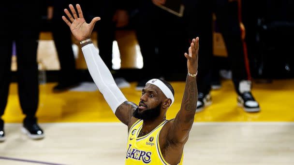 PHOTO: LeBron James of the Los Angeles Lakers celebrates passing Kareem Abdul-Jabbar to become the NBA's all-time leading scorer, druing a game against the Oklahoma City Thunder, Feb. 7, 2023 in Los Angeles. (Ronald Martinez/Getty Images)