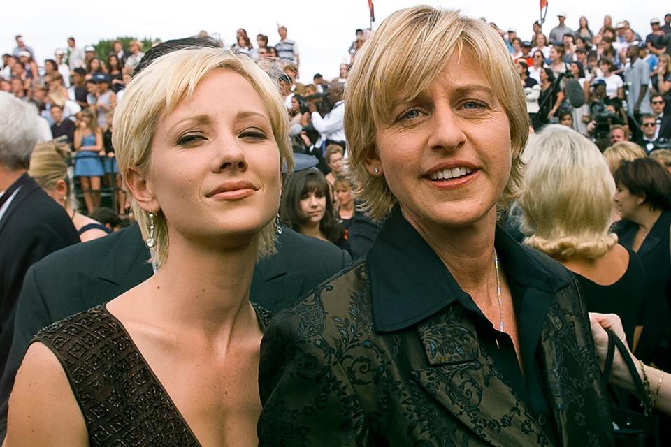 Ellen DeGeneres and Anne Heche arrive at the Emmy Awards Show, March 23,1997 in Pasadena, California.