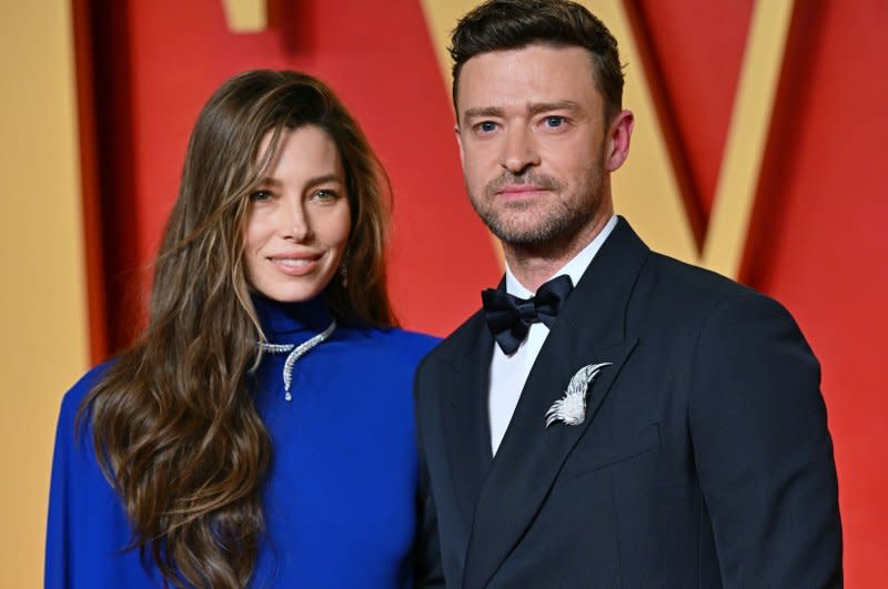 Justin Timberlake (R) and Jessica Biel arrive for the Vanity Fair Oscar Party at the Wallis Annenberg Center for the Performing Arts in Beverly Hills, Calif., on March 10. File Photo by Chris Chew/UPI