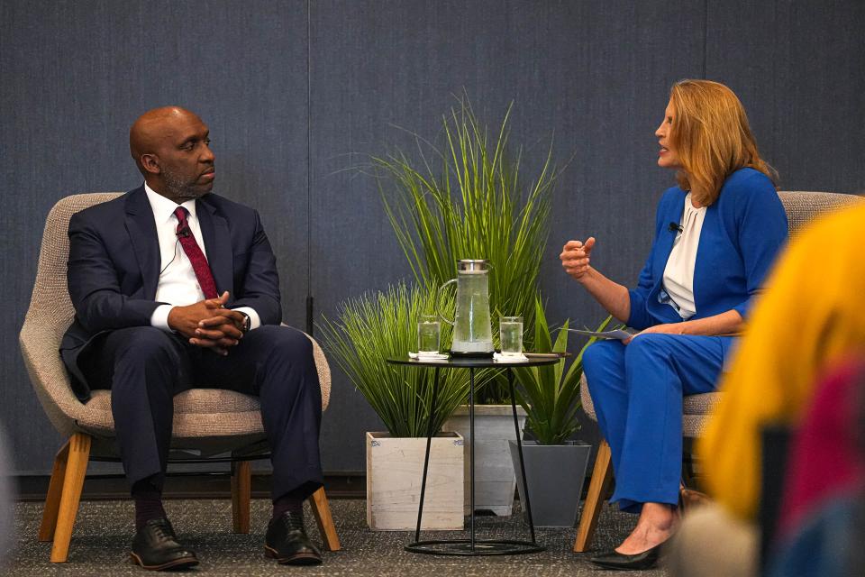 T..C. Broadnax Jr., candidate for Austin City Manager and current City Manager of Dallas, Texas, left, is interviewed by moderator Judy Maggio, right at an open town hall at the Permitting and Development Center on Monday, March 25, 2024 in Austin.