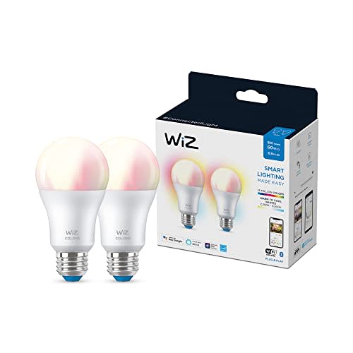 WiZ 60W A19 Color LED Smart Bulb - Pack of 2 - E26, Indoor - Connects to Your Existing Wi-Fi - Control with Voice or App + Activate with Motion - Matter Compatible (AMAZON)