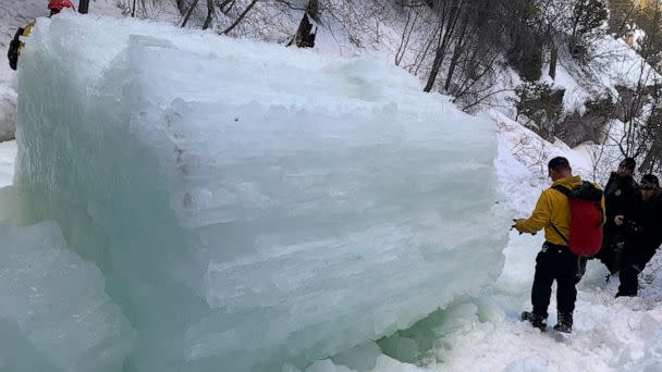 PHOTO: A hiker is dead and two others are lucky to be alive after an ice column fell from a frozen waterfall and nearly killed all of them before the victim pushed one of them out of the way to safety in Duchesne County, Utah, on Sunday, April 2, 2023. (Duchesne County Sheriff's Office / Facebook)