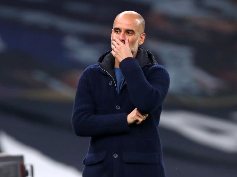 <p>Pep Guardiola looks on in dismay during City’s defeat</p>POOL/AFP via Getty Images