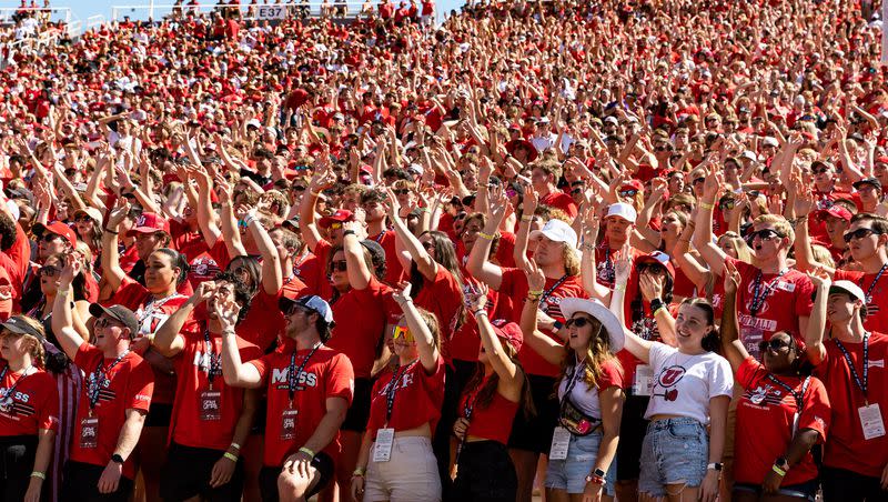 The Utah Utes student section makes noise during a third down during their football game against the Weber State Wildcats at Rice-Eccles Stadium in Salt Lake City on Saturday, Sept. 16, 2023.