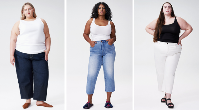 Woman tries on jeans in two different sizes to show how different