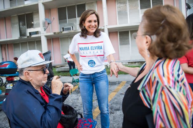 Maria Elvira Salazar, then a Republican candidate for Florida's 27th Congressional District, talks with voters at a Miami-Dade County housing facility on Nov. 6, 2018. (Photo: Tom Williams via Getty Images)