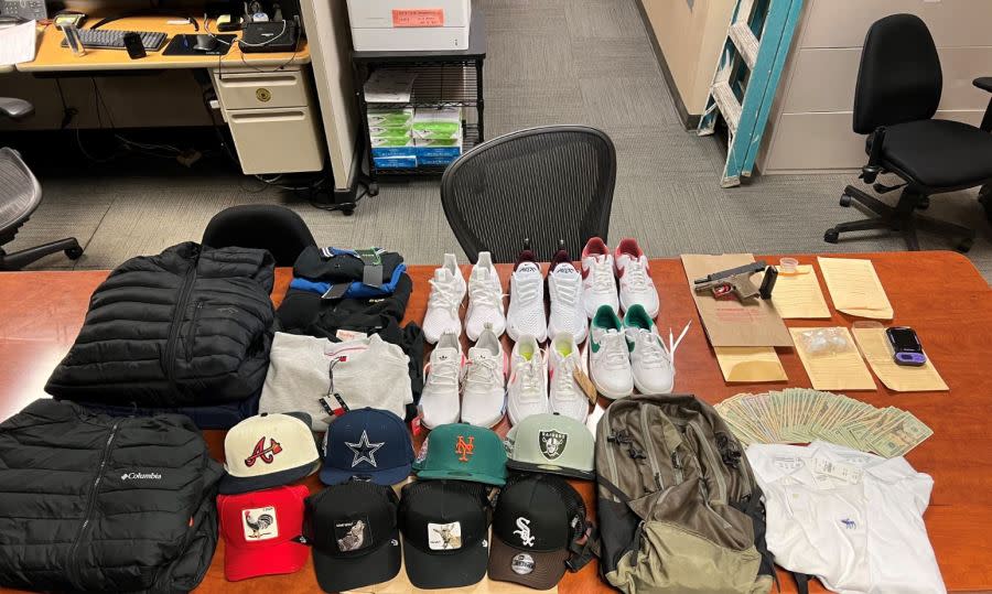 An estimated $5,000 worth of stolen merchandise from the Camarillo Premium Outlets was found after a pursuit arrest in Camarillo on Nov. 27, 2023. (Ventura County Sheriff's Office)