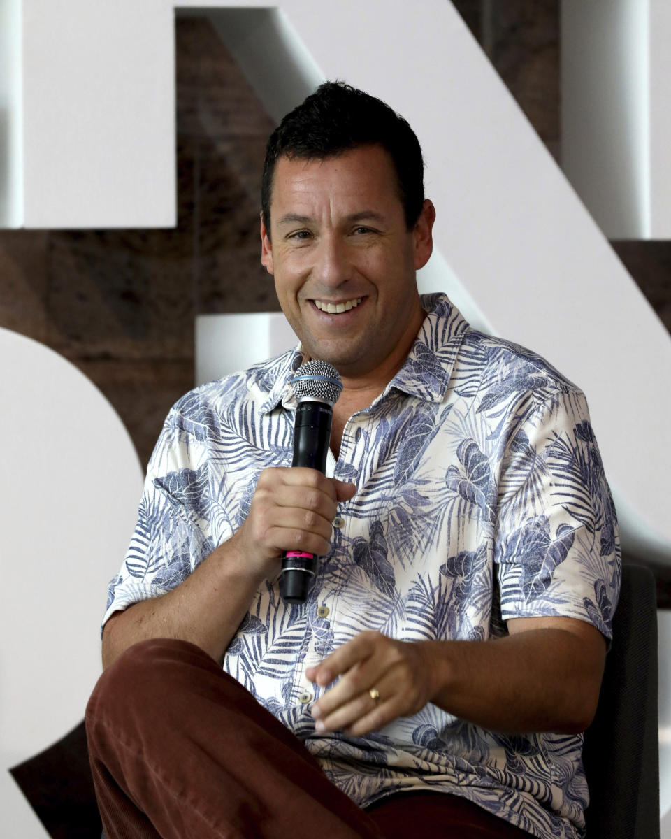 American actor Adam Sandler jokes during a press conference for the Netflix film 'Murder Mystery' in Mexico City, Thursday, June 13, 2019. (AP Photo/Cristina Baussan)