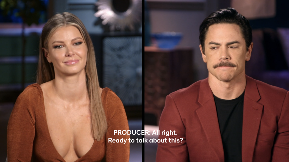 Ariana Madix and Tom Sandoval in interview setting with subtitle text: "PRODUCER: All right. Ready to talk about this?"