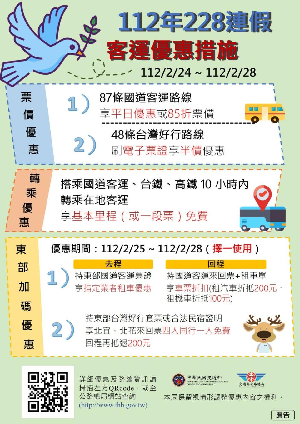 此次二二八連假國道客運優惠持續實施87條國道客運平日或原票價85折及48條台灣好行路線刷卡半價、搭乘國道客運、高台鐵轉乘在地客運享轉乘優惠等措施，歡迎民眾多加利用。   圖：台北區監理所提供