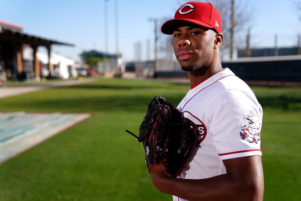 Cincinnati Reds pitcher Hunter Greene, pictured, Friday, March 18, 2022, at the baseball team's spring training facility in Goodyear, Ariz.