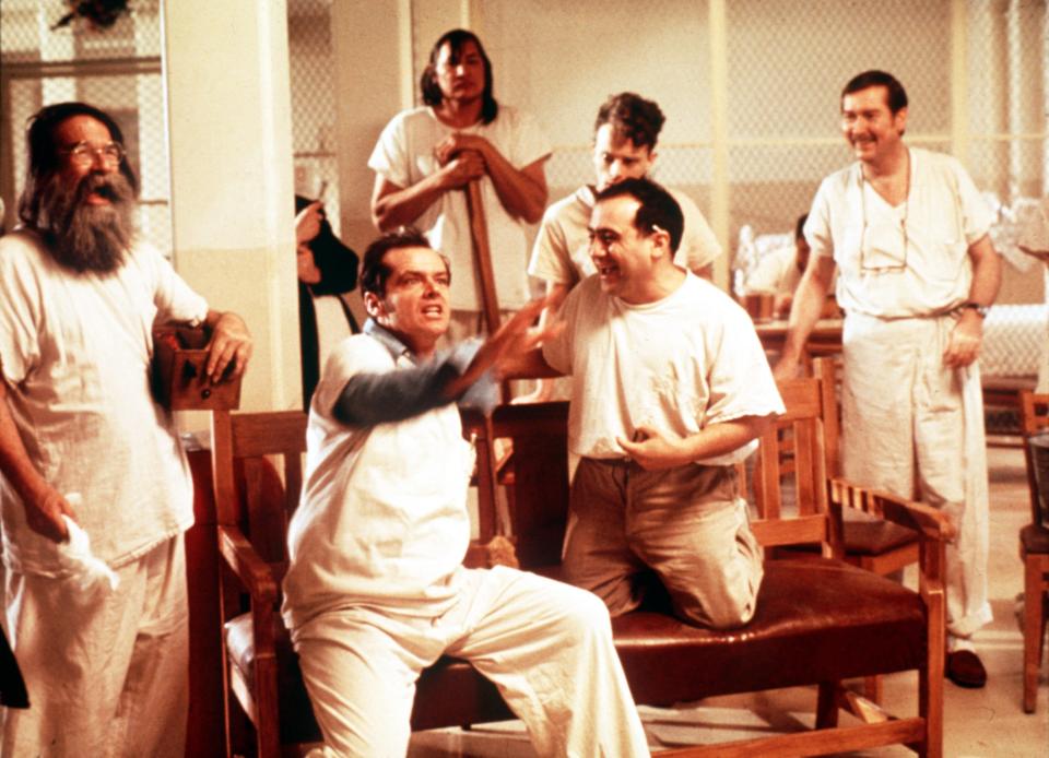 R.P. McMurphy (Jack Nicholson, center) leads a crew of disorderly mental patients in "One Flew Over the Cuckoo's Nest."