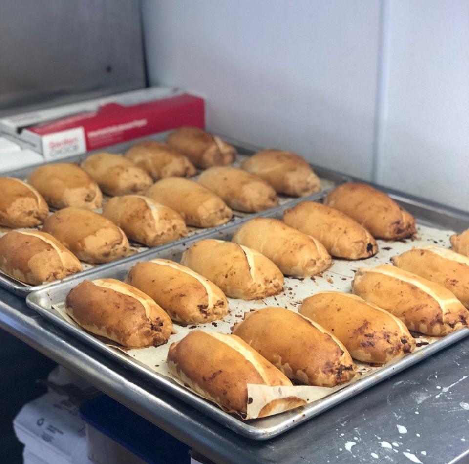 A tray of  pasties at  Lehto's Pasties in St. Ignace