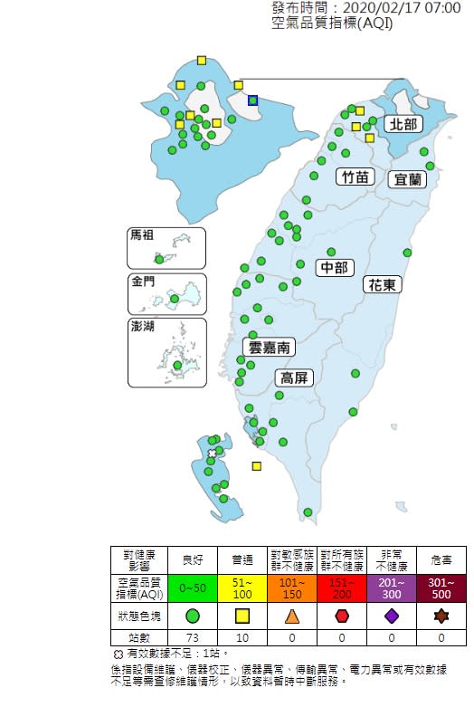 今日各地空氣品質概況。（圖／環保署空氣品質監測網）