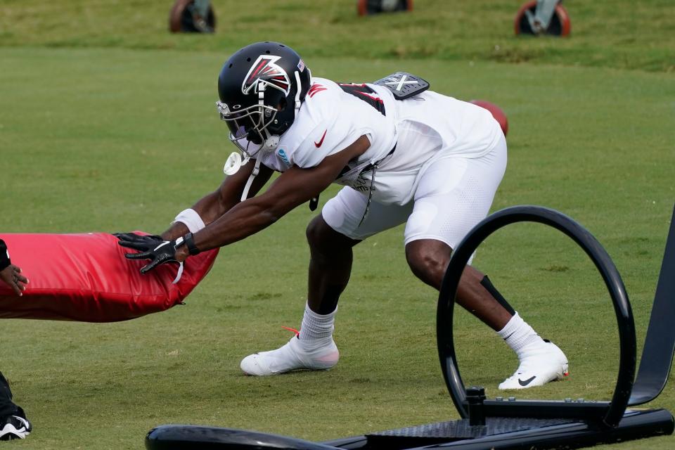 Atlanta Falcons defensive back J.J. Wilcox, a former standout at Georgia Southern, runs a drill during an NFL training camp practice on Aug. 20, 2020, in Flowery Branch. Wilcox is one of the defensive backs on the ballot for the 40-Year Football Team.