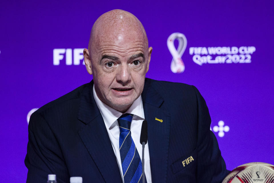 DOHA, QATAR - DECEMBER 16: FIFA President Gianni Infantino talks during the Press Conference ahead of the Third Place and Final matches of FIFA World Cup Qatar 2022 at the Main Media Center on December 16, 2022 in Doha, Qatar. (Photo by Marcio Machado/Eurasia Sport Images/Getty Images )