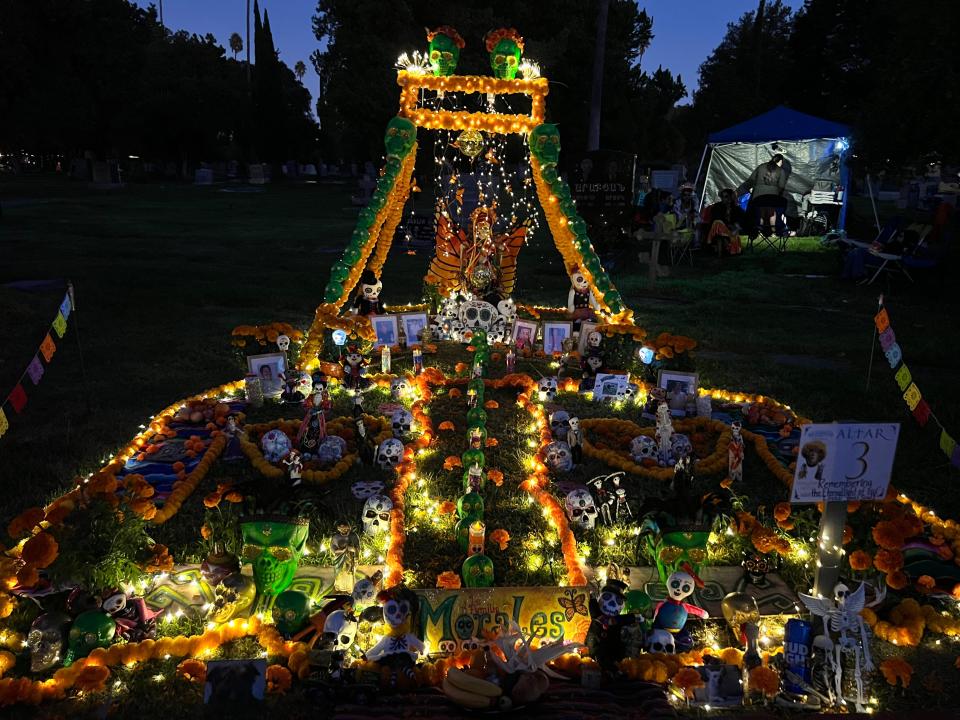 An altar honoring the dead is displayed at the Día de Los Muertos celebration at the Hollywood Forever Cemetery in Los Angeles on Saturday, Oct. 28, 2023.