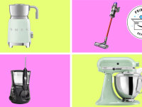 Images of Smeg milk frother, Dyson vacuum, Waterpik, and KitchenAid stand mixer on colorful background