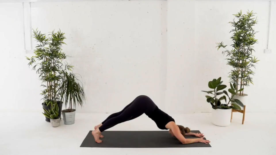 Veronique Ellis, founder of Evolve PIlates, demonstrating low plank to downward dog variation