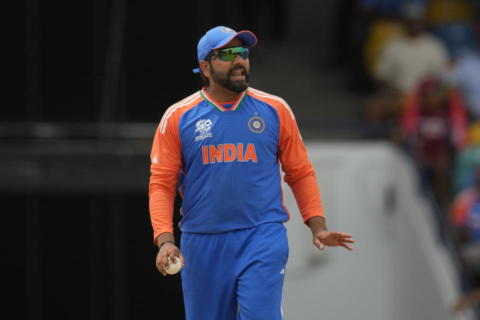 India's captain Rohit Sharma reacts during the ICC Men's T20 World Cup final cricket match between India and South Africa at Kensington Oval in Bridgetown, Barbados, Saturday, June 29, 2024. (AP Photo/Ricardo Mazalan)