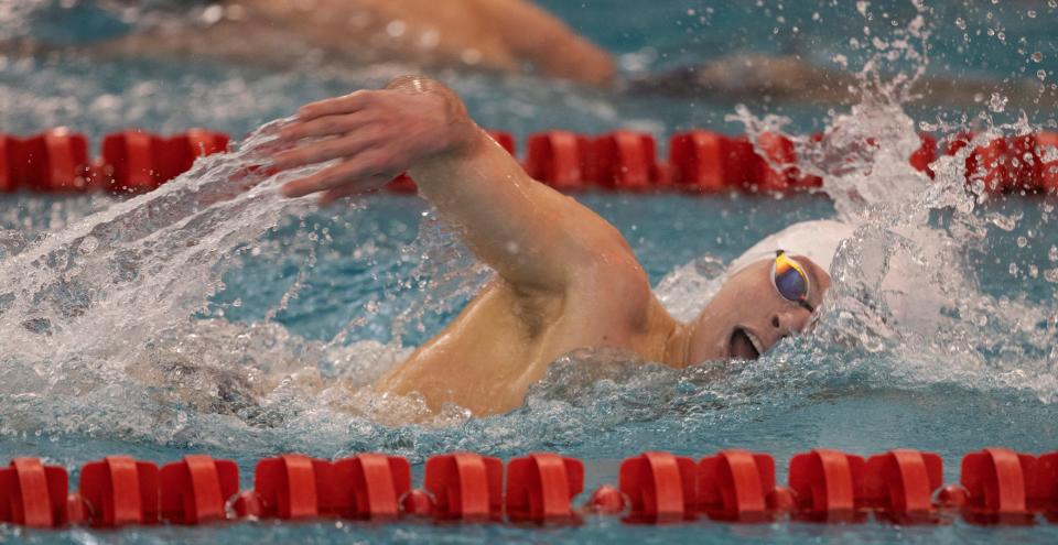 Hunter Kuenzel of Holmdel took second in the Boys 500 Freestyle at Monmouth County Swim Championships in Neptune, NJ on January 22, 2022.