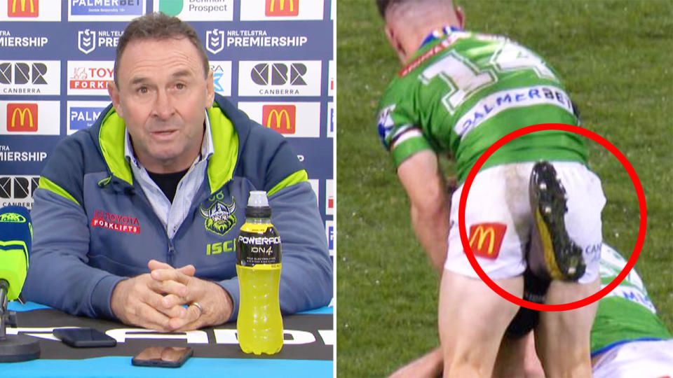 Canberra coach Ricky Stuart was fuming with Penrith's Jaeman Salmon for kicking out at Tom Starling after a tackle. Pic: NRL/Fox Sports